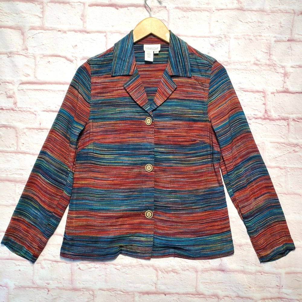 Coldwater Creek Boho Artsy Button‎ Up Shirt Womens PM Striped Linen Blend Blouse